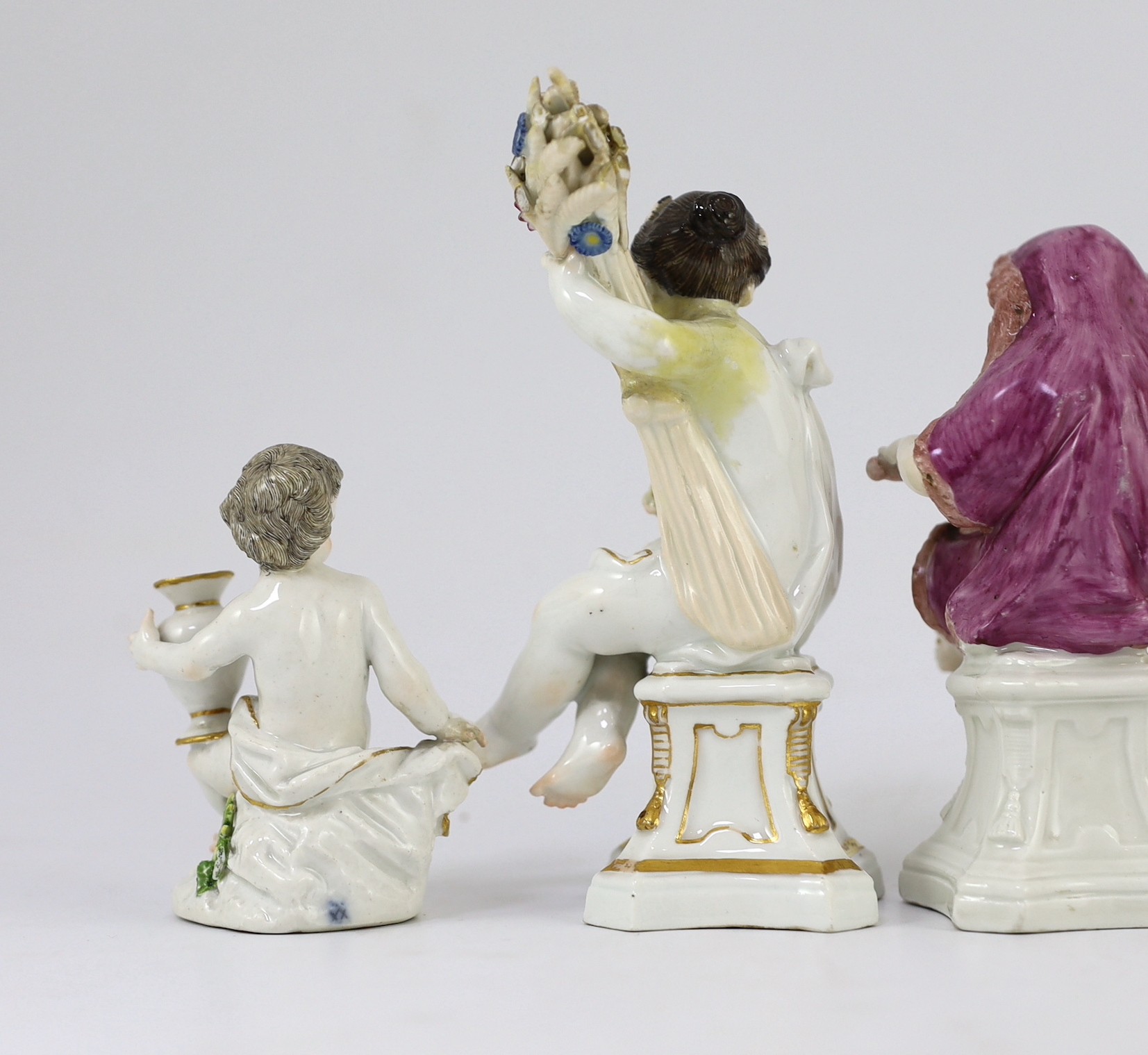 Six Meissen porcelain figures of putti and a boy, second half 18th century, 8.5cm - 14.5cm high, restorations